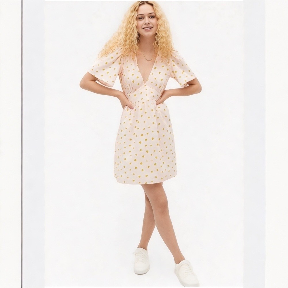 Monki Pink Daisy Mini Dress Size 38 Floral V-Neck Flutter Sleeve Crepe Soft Girl